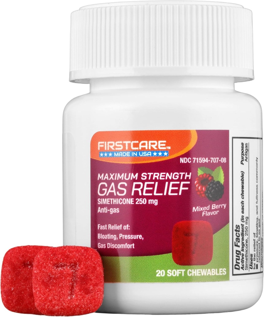 FirstCare® Gas Relief Soft Chewables - Fast Relief of Bloating, Excess Pressure, Fullness, and Gas Discomfort Simethicone 250 mg Anti-Gas Chewable Medicine (20 Tel.)