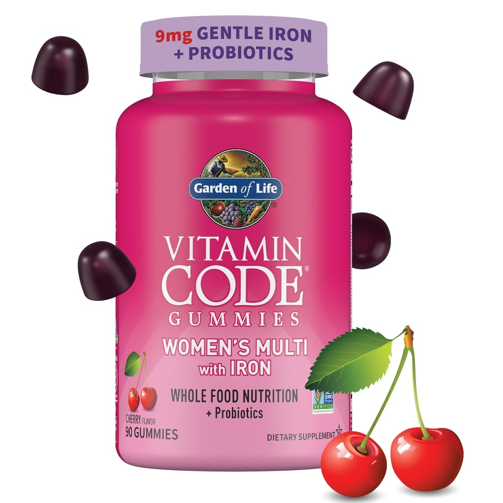 Tuin van het leven Vitamine Code Vrouwen . Multivitamine Gummy met ijzer: Folaat, Biotine, D3 & B12 voor haar, huid & Nails + Probiotica voor Immune Health & Digestie, Non-GMO, Glutenvrije, 90 Cherry Gummies