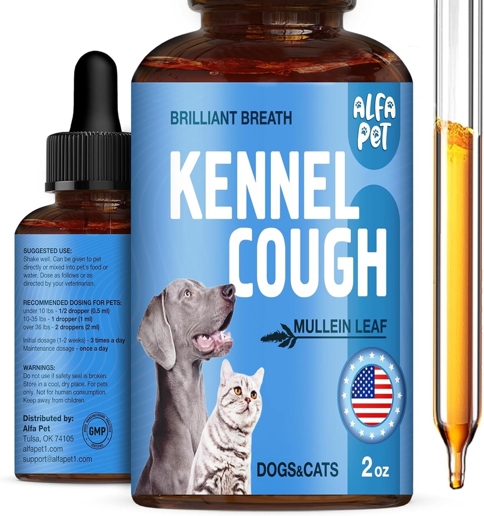 Hondenhoestbehandeling Liquid • Kennel Hoest voor honden en katten • voor ademen tijdens alle levenscyclus • Marshmallow Root + Mullein Leaf in The Composition • Natural Supplement for All Rass • 2 Oz