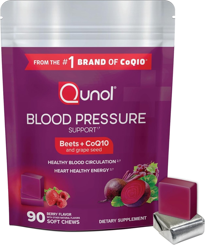 Qunol bieten Kauwen voor bloeddruk ondersteuning, 3 in 1 bieten + CoQ10 + druivenzaad Extract, Ondersteunt gezonde bloedcirculatie en hart gezonde energie, 90 Kauwen