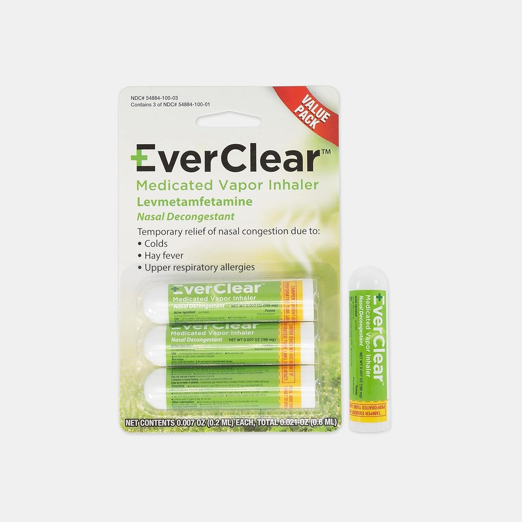 EverClear Gemedicineerde Vapor Inhalator, Nasal Decongestant voor verkoudheid, Hay Fever, & Upper Respiratory Allergies, 0,2 ml, 3 Pack