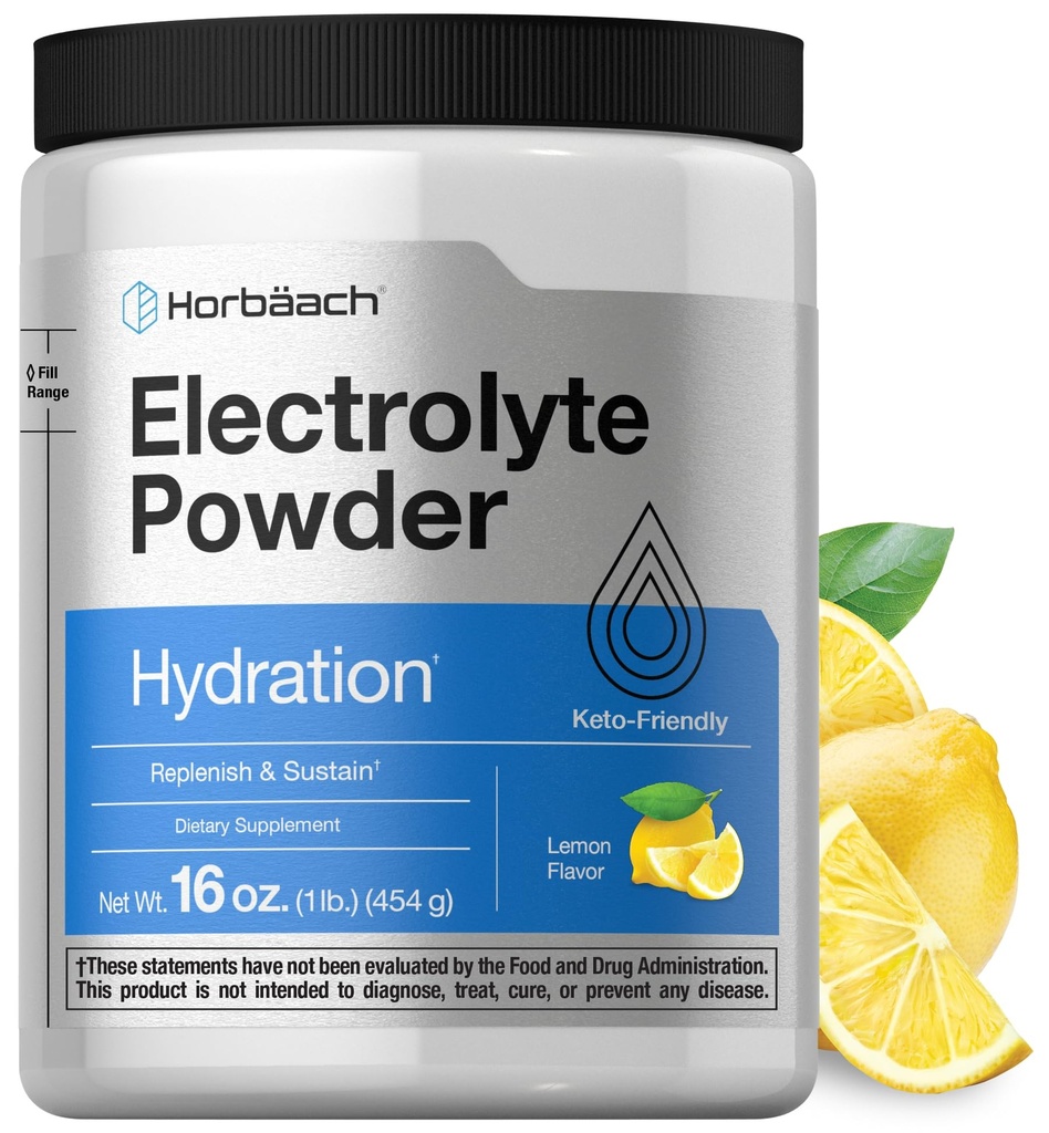 Horbäach Electrolytes Poudre de 16 oz, 130 portions Supplément d'hydratation Végétarien, Keto-Amiendly, non-OGM, formule sans gluten