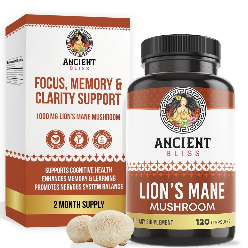 Ancient Bliss Lion's Mane Supplement (2 maand aanbod)- 120 Vegan Mushroom Capsules- mei ondersteunt geestelijke helderheid, energie & May Focus- Geheugen & Immune Ondersteuning Mushroom Supplement