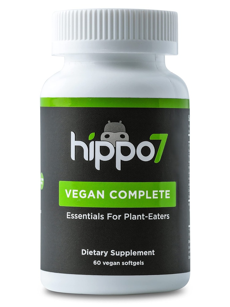 Hippo7 Vegan Complete Multivitamine Vitamine B12, Vitamine D, Omega-3 DHA+EPA, Calcium, Jodium, Zink & Iron. (1 Fles, 60 Softgels)