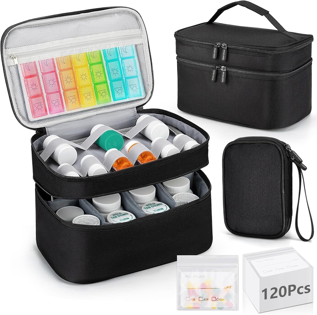 Sac d'organisateur de médicaments, rangement de bouteilles à double couche avec 120 sacs de voyage Pill Pouch, sac de stockage de médicaments portatifs pour les pilules, vitamines, fournitures médicales pour l'entreposage à domicile, premiers soins