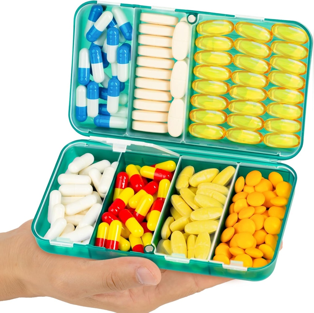 Yaklim Magnetic Travel Pill Organizer, 7 Compartments Portable Pill Box, Large Vitamin Organizer met labels, Daily Pill Case Medicine Organizer, Big Supplement Organizer Magnet Pill Container Groen
