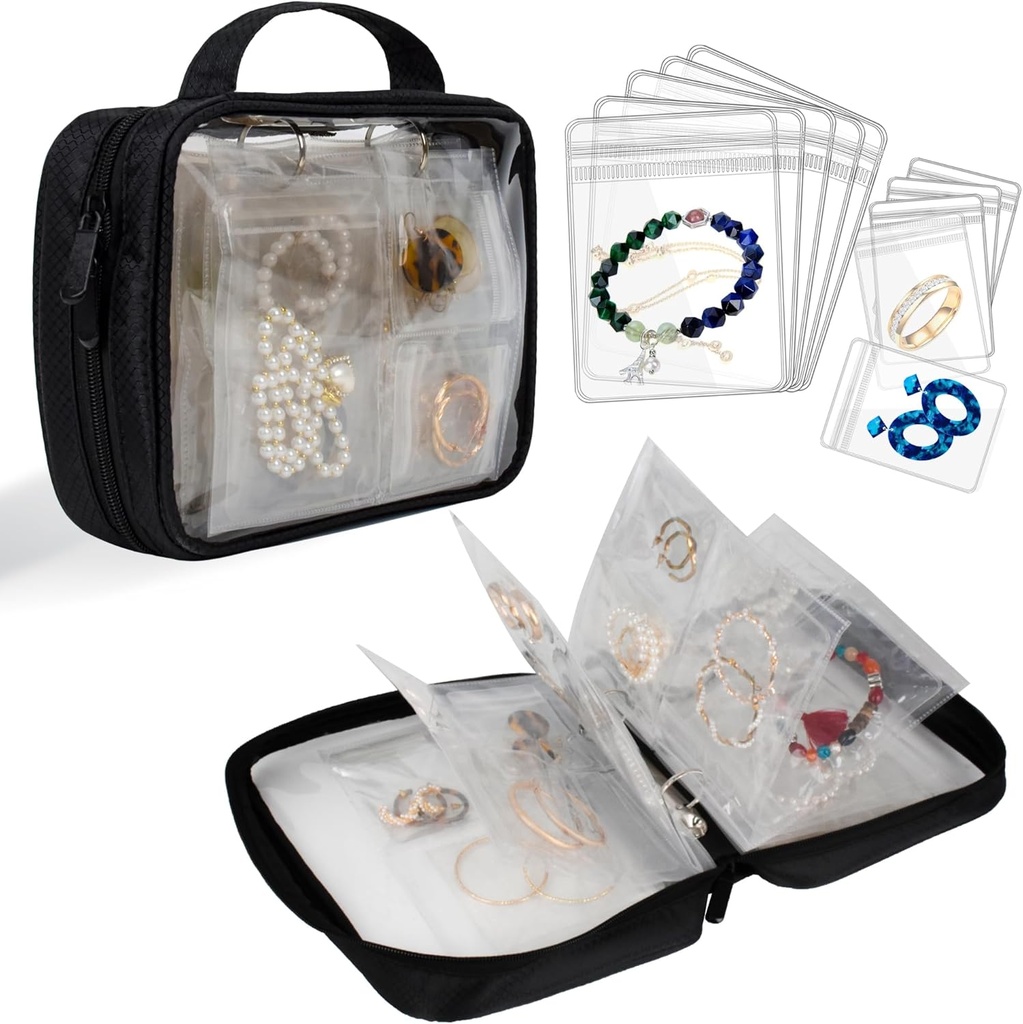 Travel Bijoux Organizer Case Transparent Bijoux de rangement Livre Binder Sac pour Boucles d'oreilles, Anneaux, Collier, Bracelet, Noir