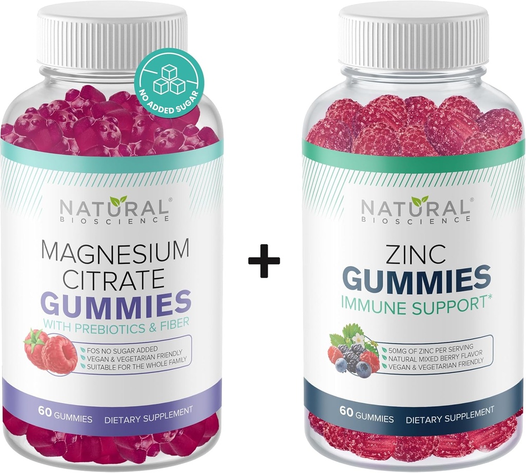 Gommies de magnésium sans sucre et gommes de zinc extra-forte, végétalien, sans gluten, calme, relaxation, santé musculaire, soutien immunitaire, santé de la peau, non-OGM, 60 vitamines gommy