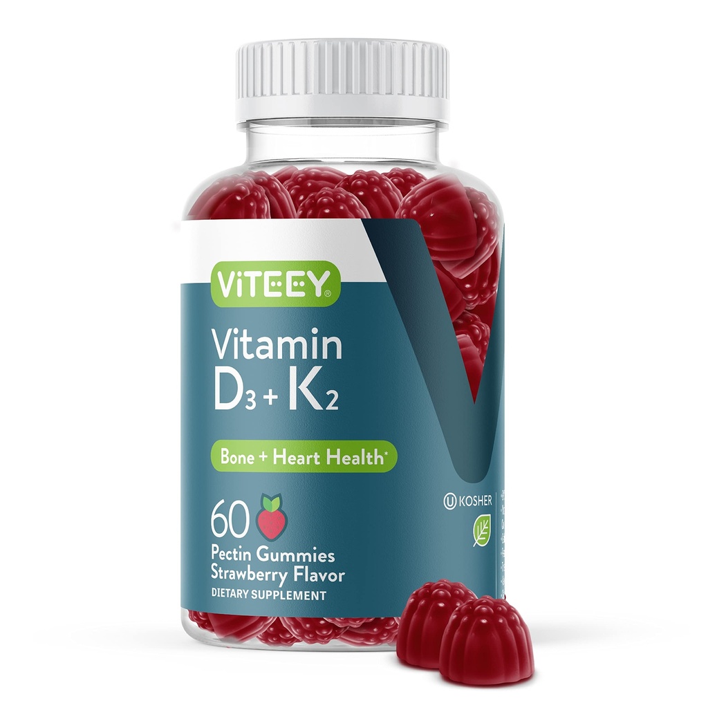 VITEEY Vitamine D3 K2 Gummies - 1000 IE Vitamine D3 en K2 100 mcg - Bone & Heart Health for Adults and Teens - Vegetarisch, Gelatine Free, GGO Free - Smakelijke Kauwbare D3K2 Vitaminen Aardbei Flavored Gummy
