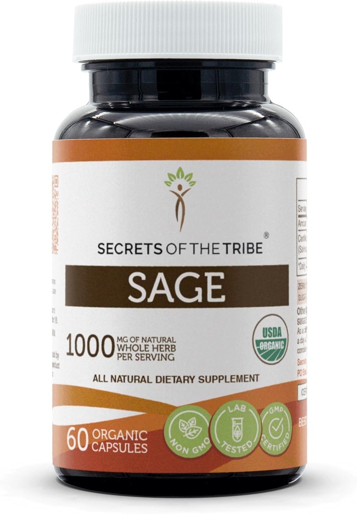 Geheimen van de Stam Sage USDA Biologische 60 Capsules Gemaakt met Biologische Vegetarische Capsules en Biologische Salie (Salvia officinalis) Gedroogd Blad (60 capsules)