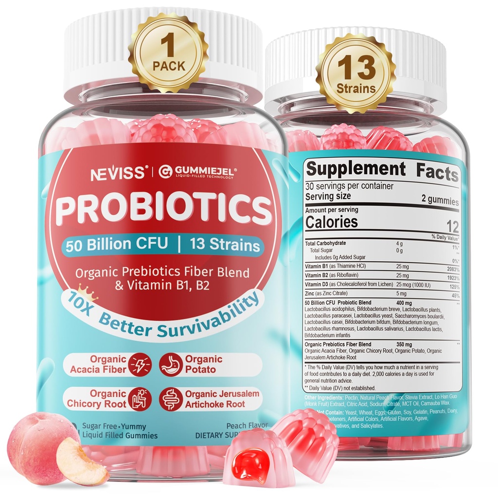 NEVISS Probiotique + Gommies prébiotiques pour les adultes et les enfants 4+, sans sucre à croquer 50 milliards d'UFC avec fibre, vitamine B1 B2 D3 et zinc, pour la santé digestive et gustative, Boost Microflora Diversity, 60 Cts