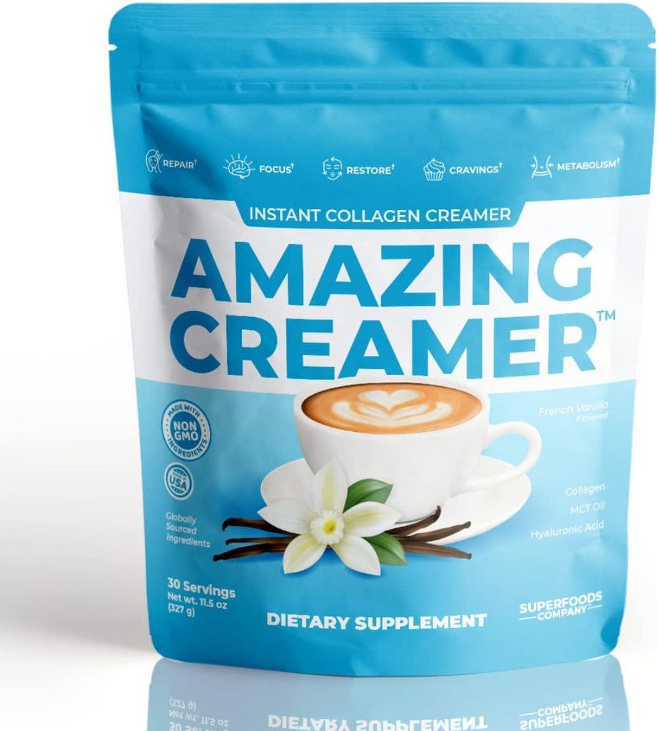 Superfoods Company Amazing Creamer with Collageen - Keto Creamer-Hyaluronic Acid & MCT Oil - Brain Boost & Curbs Cravings - Ondersteunt gezonde huid en haar - Diet-Friendly [30 Servings] [Vanilla]