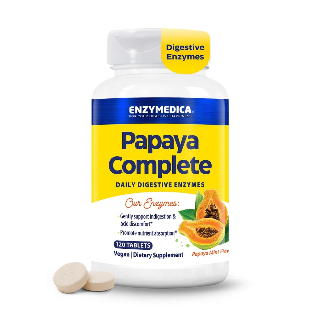 Enzymedica Papaya Enzymen Kauwbare, spijsverteringsenzymen voor vrouwen en mannen, met Organische Papaya sap en Chlorofyl, Hoge Potentie Bromelain & Papain, Vegan, Munt smaak, 120 tabletten