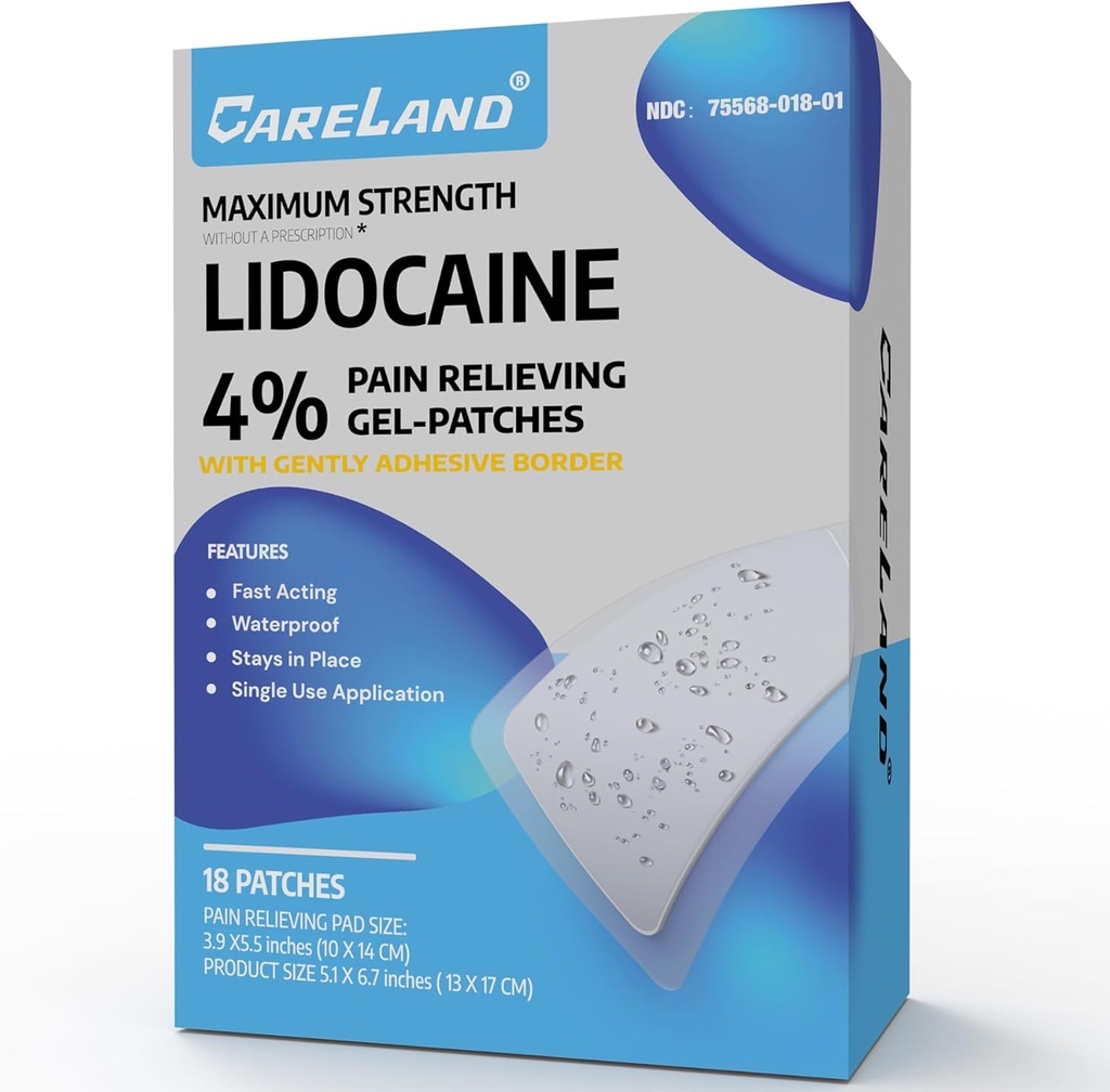 CARELAND 4% Lidocaïne Patches 18 stuks Waterdichte maximale sterkte Back Pain Relief Producten Patches met sterke kleefgrens, voor nek knie nerve schouder pijn verlichting spierontspanner, Super plakkerig