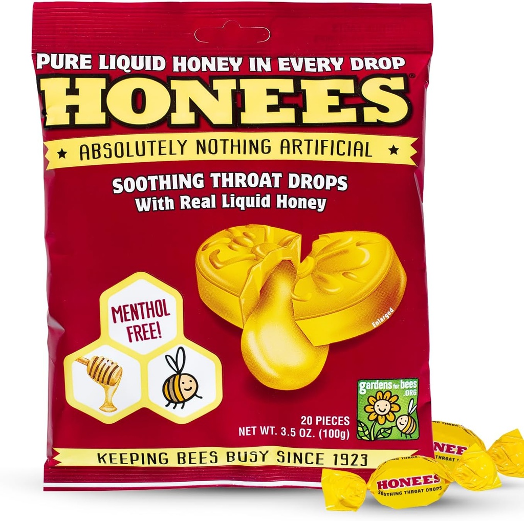 Honees Honey Filled Drops, Honey Cough Drops with Real Honey-Natural Sore Throat Relief-Nothing Artificial-Throat Coat Lozenges, Natural Cough Suppressant, Non-GMO, Gluten Free (1 Pack – 20 drops)