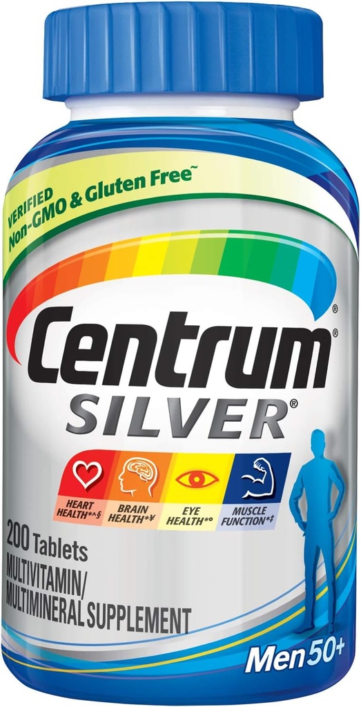 Multivitamine d'argent centrum pour les hommes 50 Plus, supplément multiminérale, vitamine D3, vitamine B et zinc, sans gluten, ingrédients non OGM, soutient la mémoire et la cognition chez les adultes âgés - 200 Ct