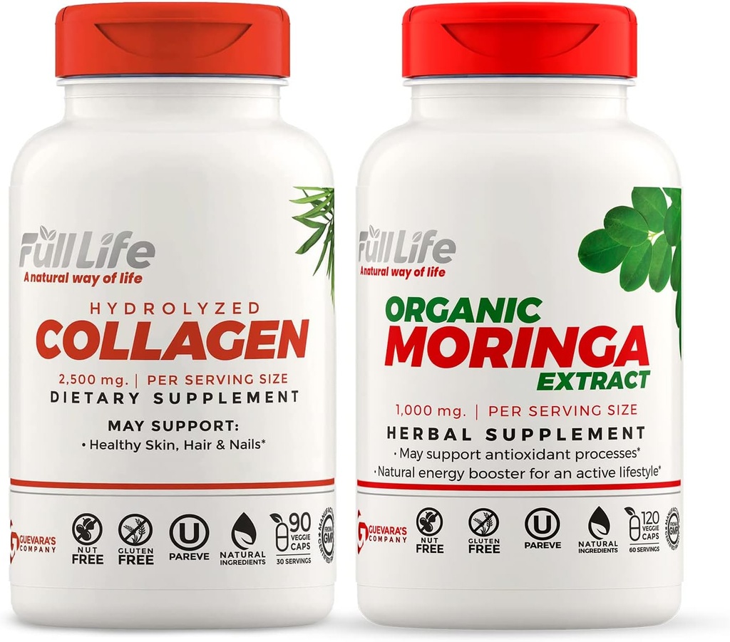 Full Life Hydrolyzed Collageen en Moringa Oleifera Capsules - Dieetsupplementen - Bovine Collageen Pillen voor vrouwen en mannen, Glutenvrije - Veggie Capsules