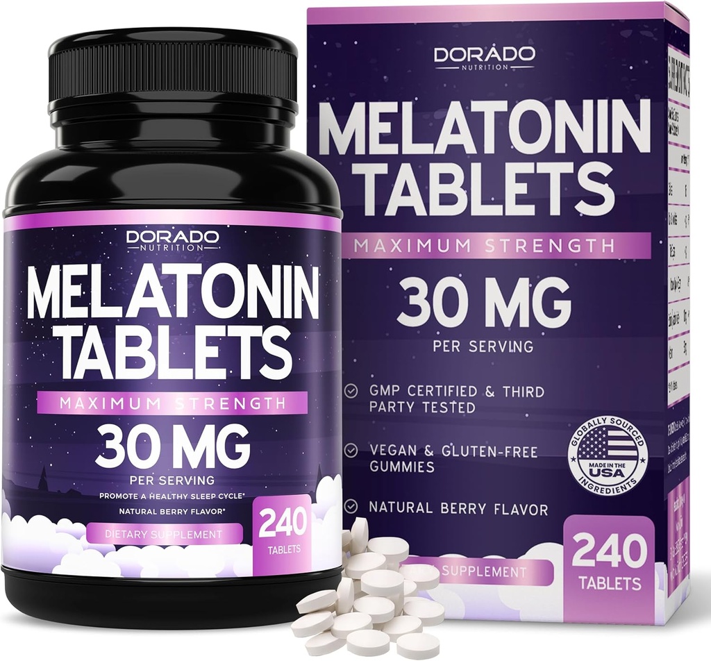 Melatonine 30 mg tabletten voor volwassenen (240 tabletten) - Fast Solution Tablet met 30 mg Melatonine per tablet - Glutenvrije, niet-GMO, 100% vegetarisch, & Great Proasting - Mixed Berry Flavor - Made in USA