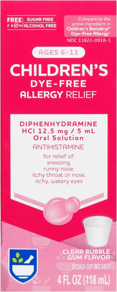Rite Aid Children's Allergy Relief, Difenhydramine HCI, Bubble Gum Flavor, 12,5 mg - 4 oz 