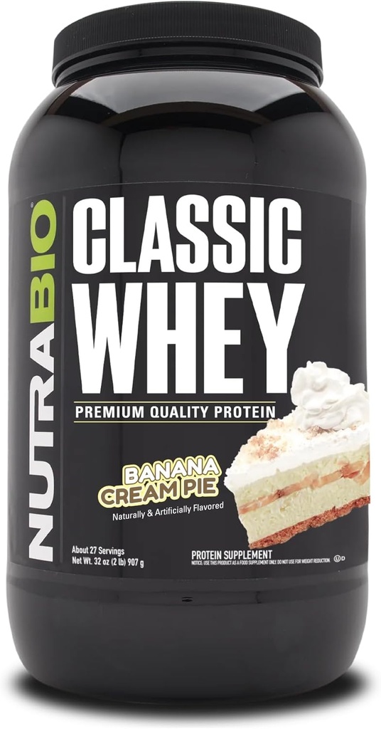 NutraBio Classic Wei Proteïne Poeder- 25G Proteïne per schep - Vol-Spectrum Aminozuur Profiel - Geen fillers, kunstmatige kleuren, conserveringsmiddelen - (Banana Cream Pie, 2 pond)