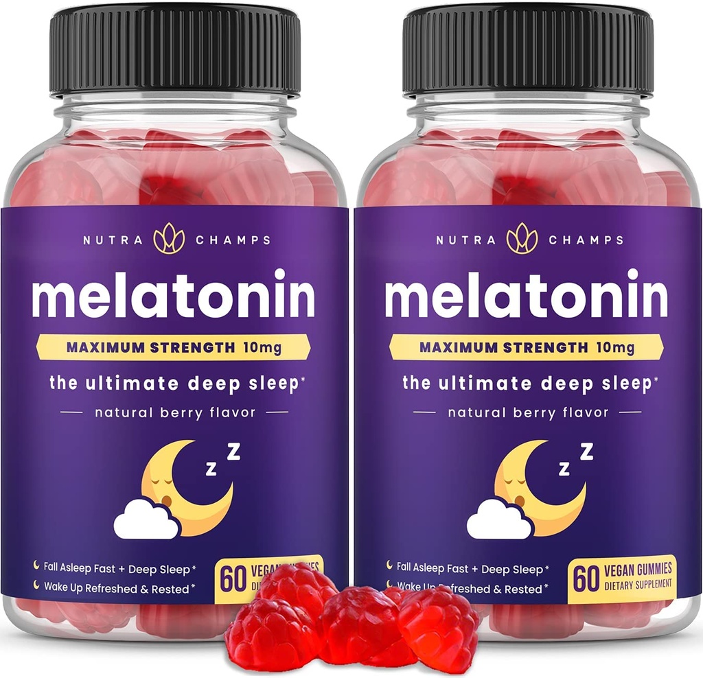 NutraChamps (pakket van 2 Melatonine Gummies voor volwassenen, extra sterkte slaaphulp vitamines, 5 mg of 10 mg dosis, veganistische natuurlijke aardbeien smaaksupplement voor betere slaap, 120 Gummies
