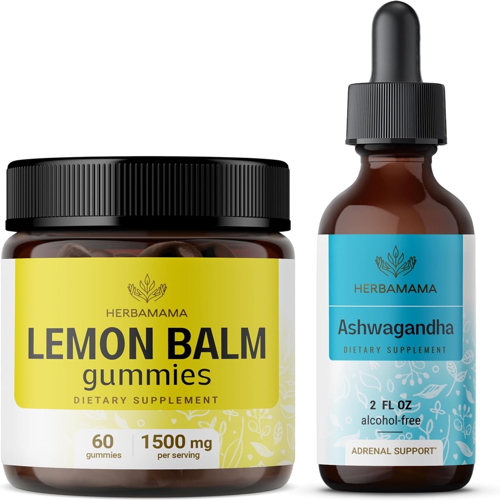 HERBAMAMA Lemon Balm and Ahwagandha Kit - Bundle of Lemon Balm Gummies & Ashwagandha Liquid Drops 2 fl oz - Vegan, Non-GMO, Alcohol & Gelatine-Free - 2 Pack