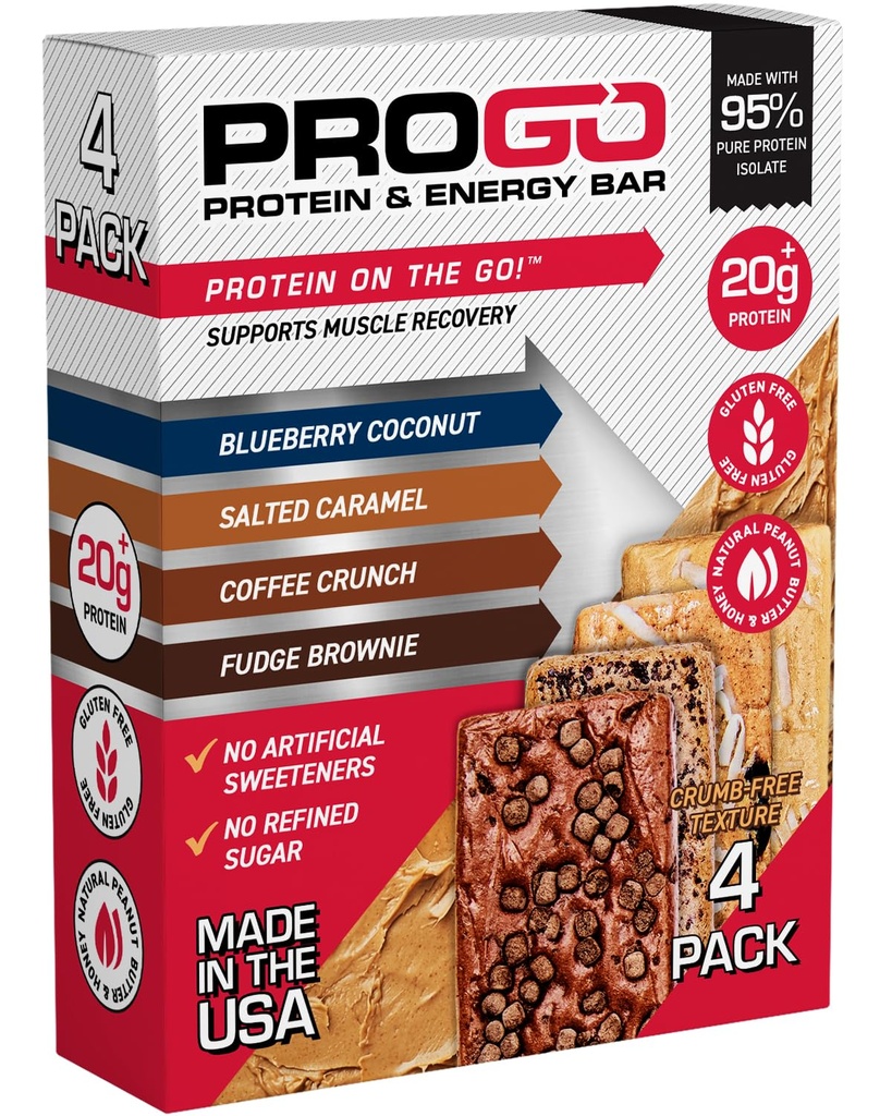 ProGo proteïnerepen, lage suiker, hoge eiwitsnacks (tot 21g) - 95% Pure isolaat voor snellere spiergroei & Recovery, lage calorie, gezoet w/Peanut Butter & Raw Honey (4-Tel, starter Pack)