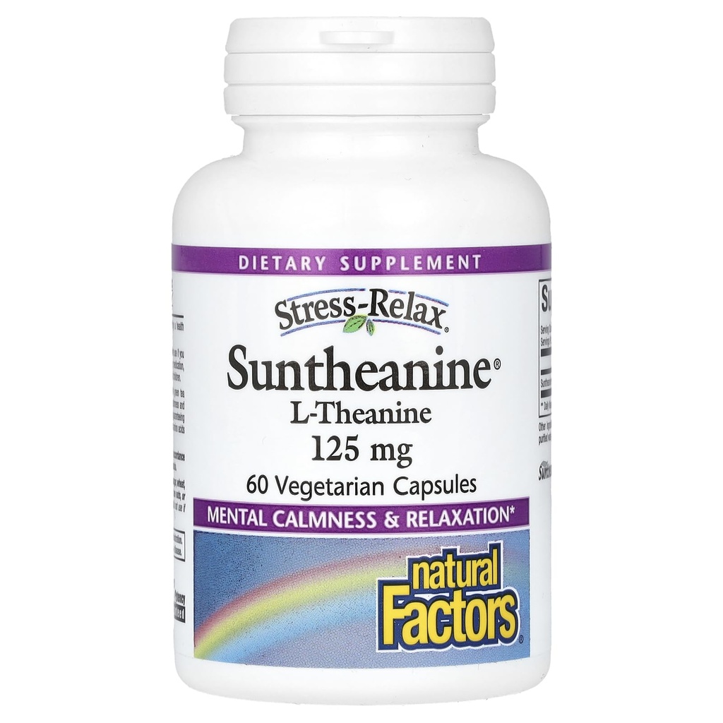 Natuurlijke factoren Stress-Relax Suntheanine L-Theanine 125 mg, Niet-Drowsy Stress Ondersteuning voor geestelijke rust en ontspanning, 60 capsules