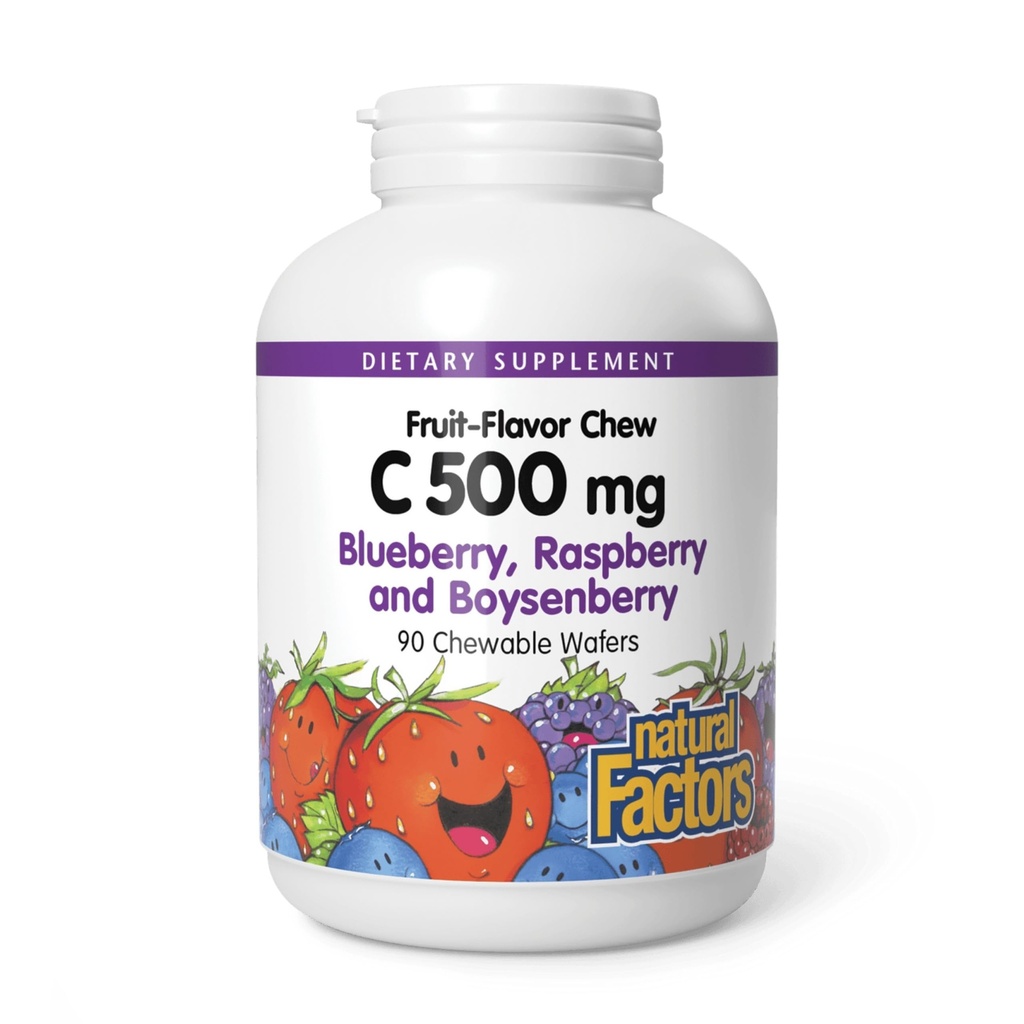 Natuurlijke factoren, Kauwbare vitamine C 500 mg, Ondersteunt Immune Health, Bones, Tanden en Gums, Bosbes, Framboos en Boysenberry, 90 Tellen (Pack of 1)