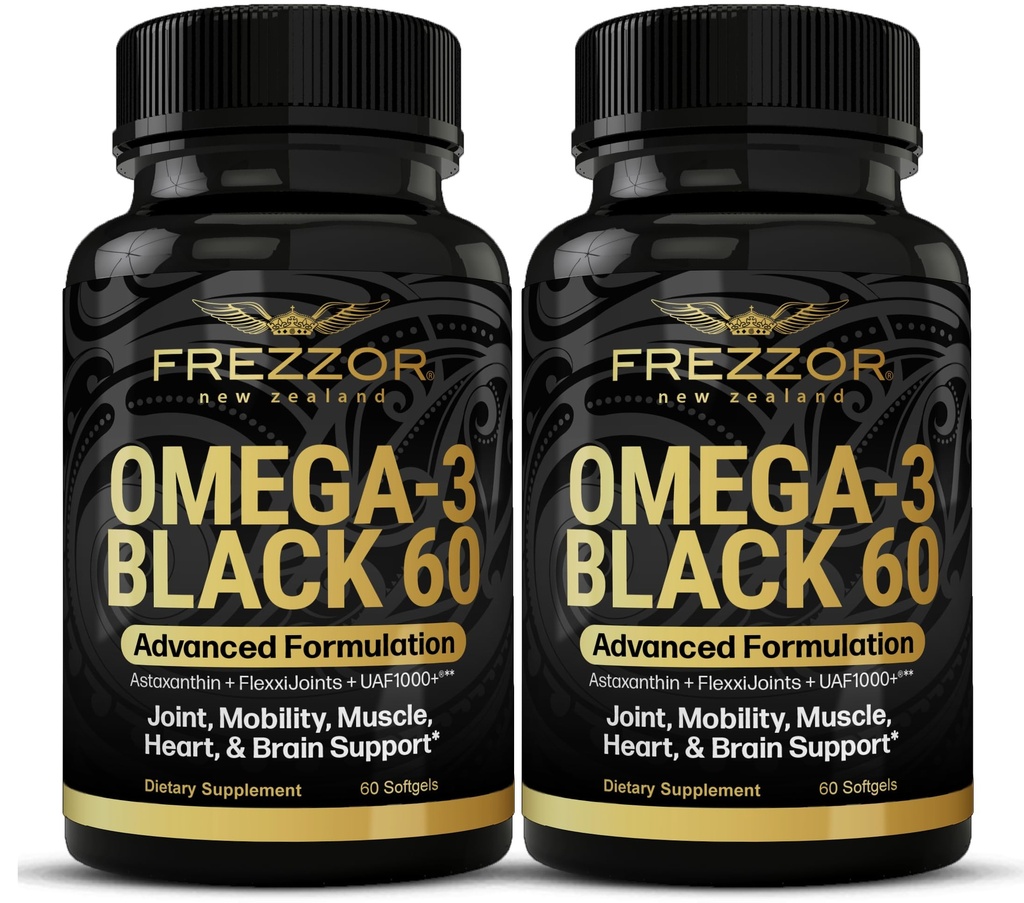 FREZZOR Omega 3 Black for Joint Care & Comfort - Nieuw-Zeeland Green Lipped Mossel Oil Capsules; 53x Hogere Potentie met UAF1000+ Super Antioxidant, No Fishy Aftersmaak, 60 Tellen (Pack of 2)