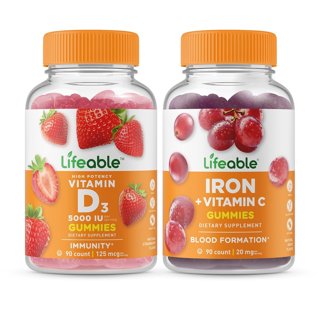 Levensvatbare Vitamine D 5000 IE + Ijzer met Vitamine C, Gummies Bundle - Geweldige Proeverij, Vitamine Supplement, Glutenvrij, GGO-vrij, Kauwgom