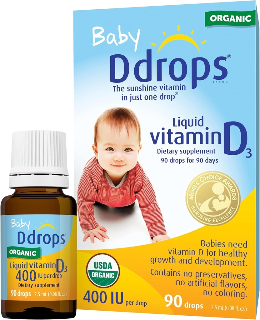 Ddrops Biologische Baby 400 IE 90 druppels - Dagelijks vitamine D vloeibaar voor zuigelingen. Ondersteunt Tanden & Bone Health. Geen conserveringsmiddelen, geen suiker, niet-GMO, Allergievriendelijk - verpakking van 2