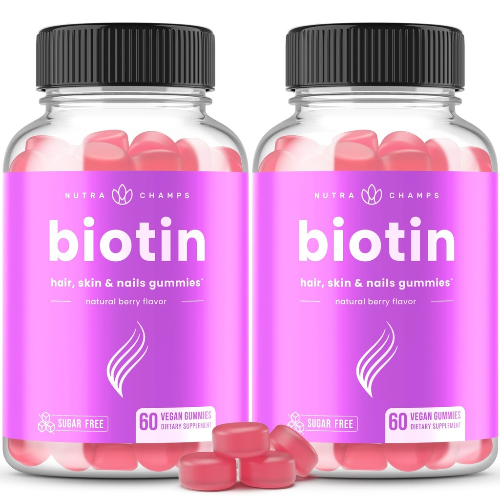 NutraChamps Sugar Free Biotin Gummies 10000mcg [High Potency] - Gezond haar, huid en nagels voor vrouwen, mannen en kinderen - 5000mcg in elke Gummy - Vegan Hair Health Vitaminen supplement - Raspberry (2-Pack)