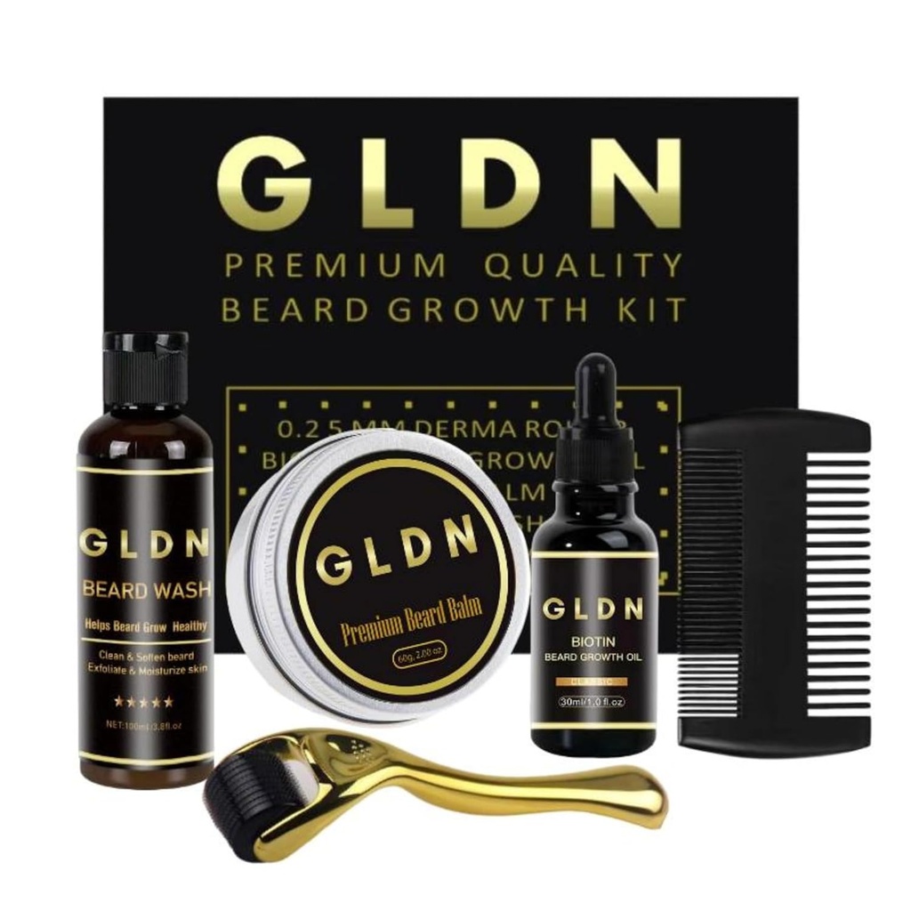 Kit de barbe GLDN Comprend l'huile de barbe, le sérum de barbe, le peigne de barbe et le rouleau de derma