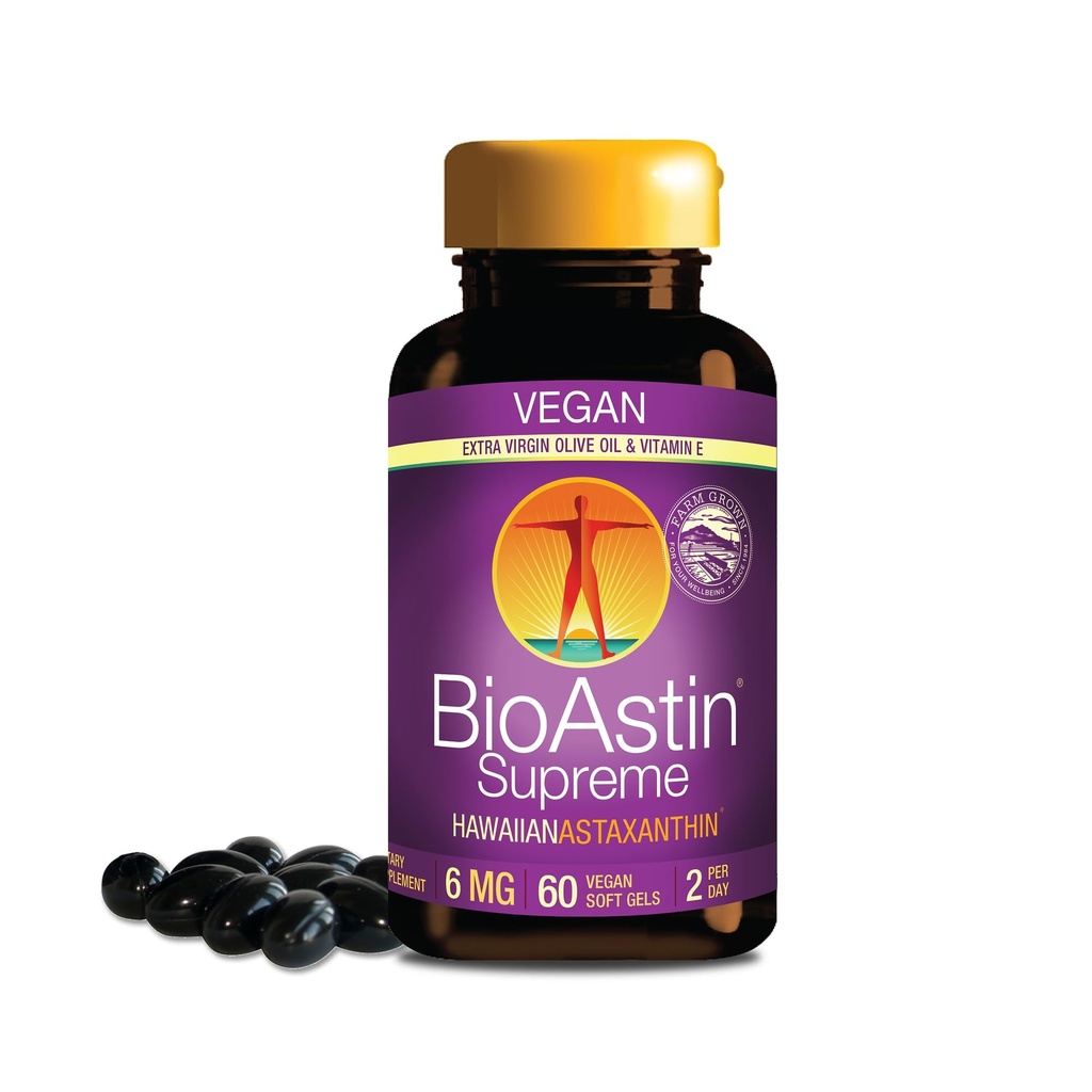 Nutrex Hawaii BioAstin Supreme Hawaiian Astaxanthin - 6mg, 60 Softgels - Supplément antioxydant de qualité supérieure Farm-Direct pour la santé des yeux, de la peau, des articulations et du système immunitaire* - mélangé avec l'huile d'olive vierge extra