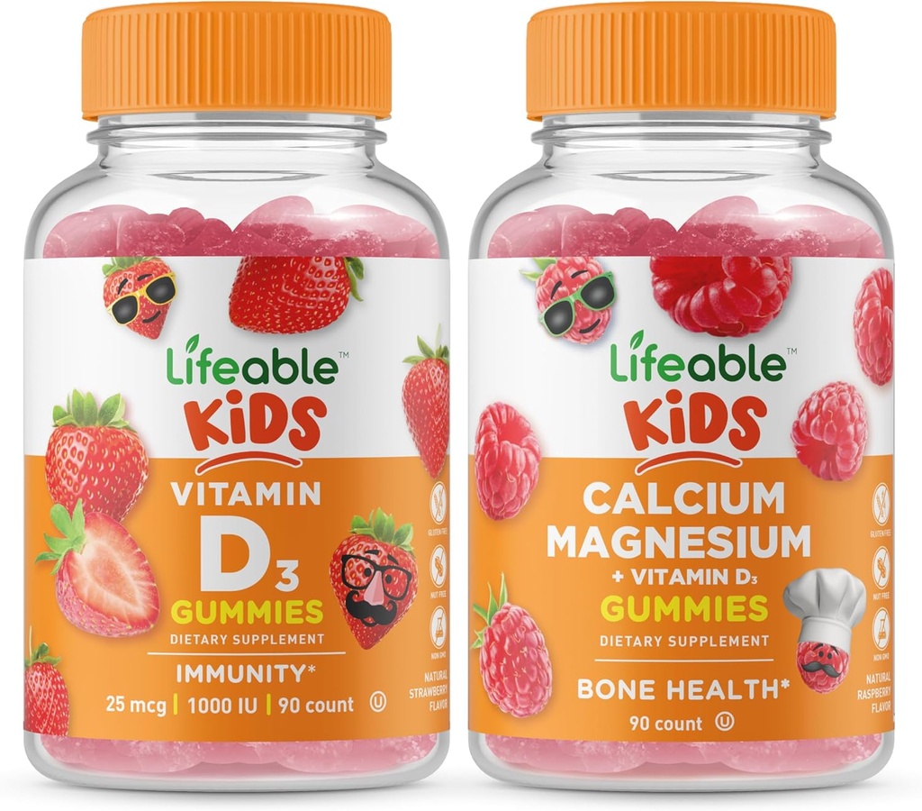Lifeable Vitamin D Kids + Calcium Magnesium Kids, Gummies Bundle - Great Tasting, Vitamin Supplement, Gluten Free, GMO Free, Chewable Gummy