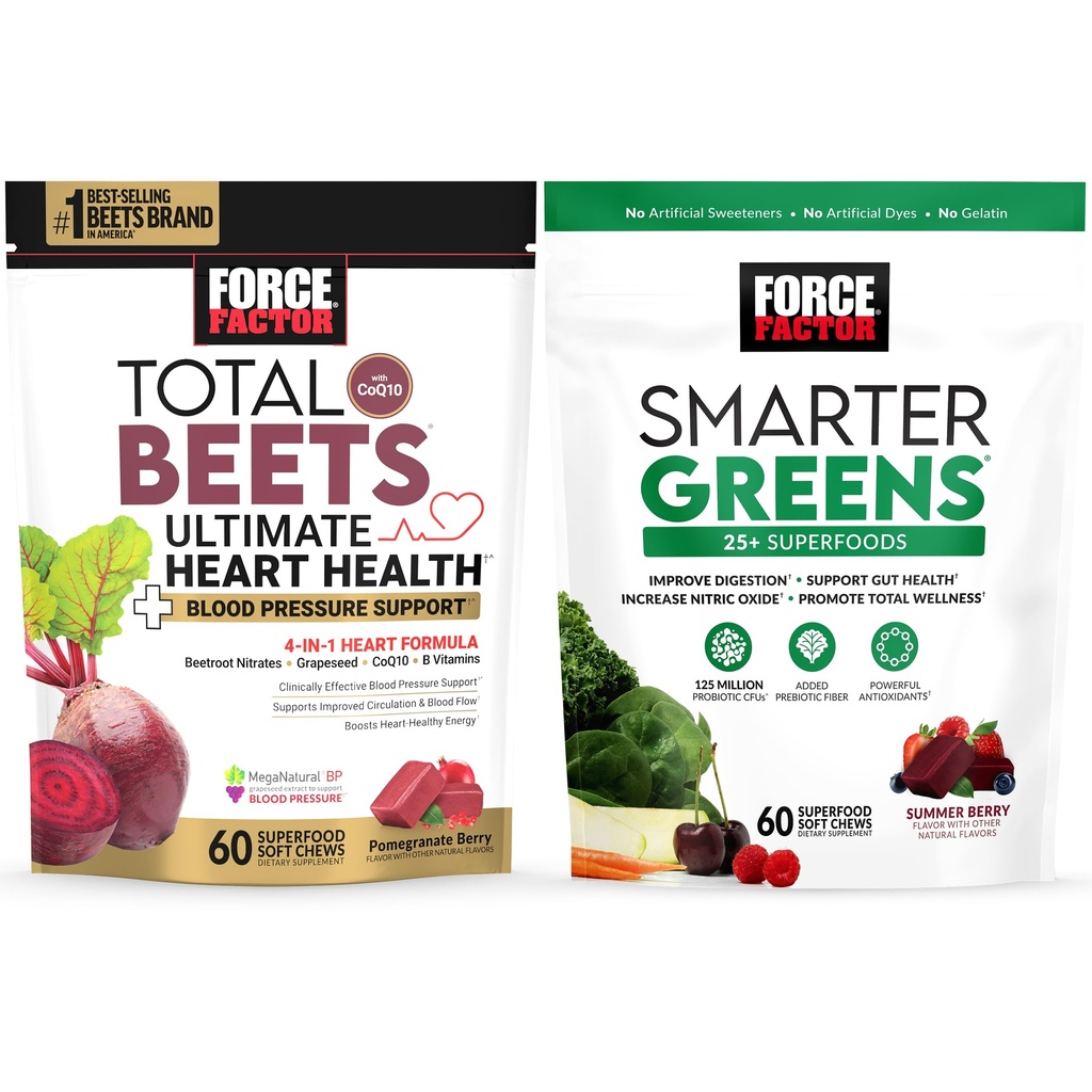 Bundle of Force Factor Total Beets Ultimate Heart Health Bloeddruk Ondersteuning Kauwt met CoQ10, 60 Zachte Kauwen + Slimmere Groenen Superfood Kauwen, ter ondersteuning van spijsvertering, 60 Zachte Kauwen