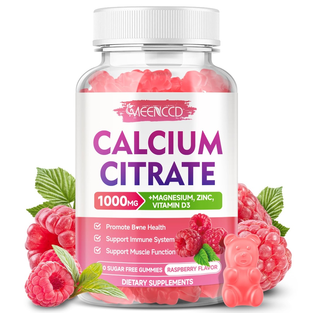 Calcium citraat Gummies 1000mg w/Vitamine D3, Hoge Absorptie Calcium Supplement voor Vrouwen & Men, Plus Magnesium, Kalium, Zink voor Spier & Immune, Suiker-vrij, Raspberry Flavor, 60 Tellen