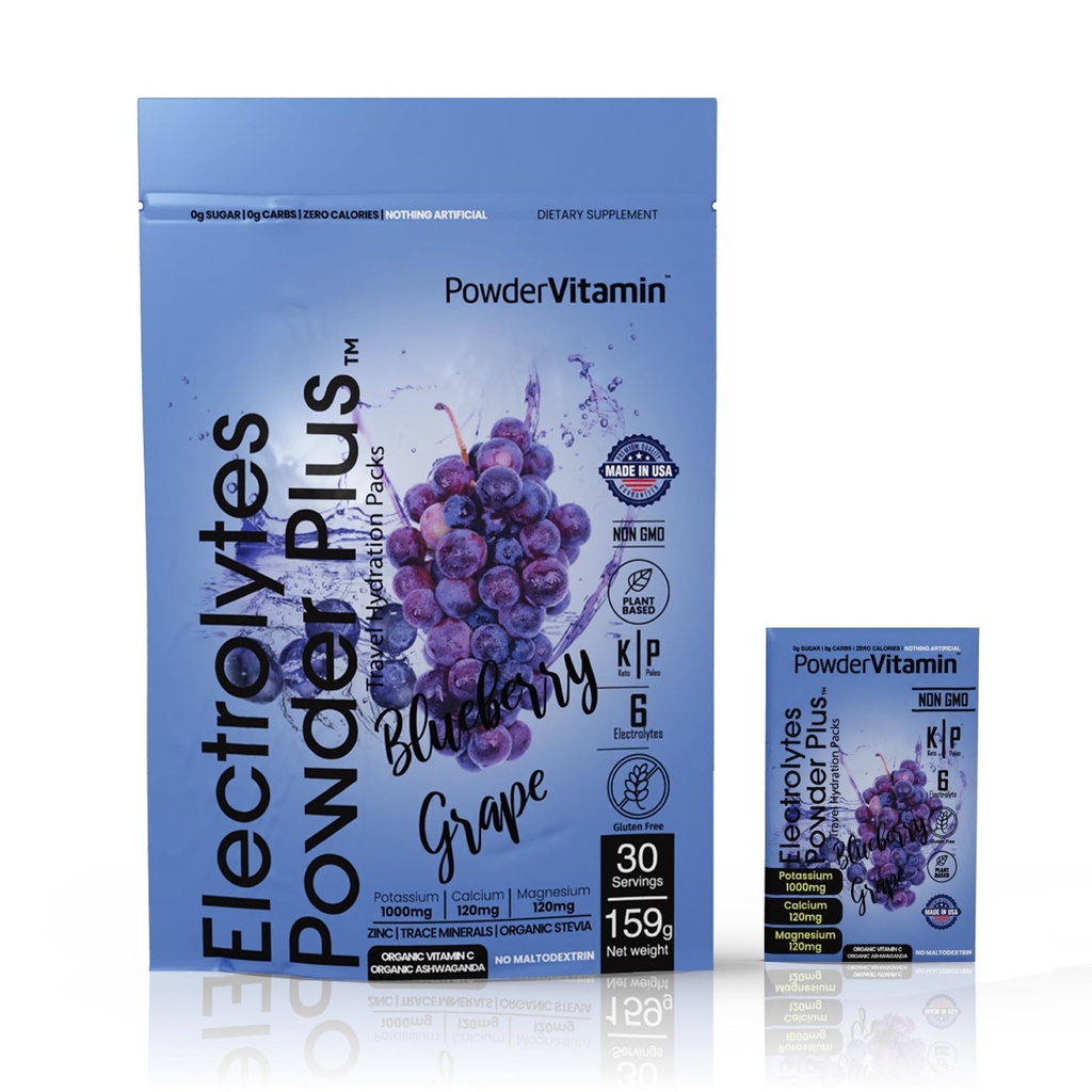 PoederVitamine Electrolytes Powder Plus, Keto, Blueberry Grape, Zero Sugar, 1000mg Kalium, 120mg Calcium, 120mg Magnesium, Non-GMO, Zero Calories, 30 Hydration Packets