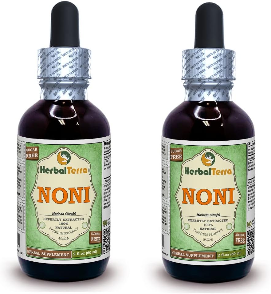 Noni (Morinda Citrofol) Glycérite, Fruits séchés organiques Extrait liquide sans alcool (marque: HerbalTerra, fièrement fabriqué aux États-Unis) 2x2 fl.oz (2x60 ml)