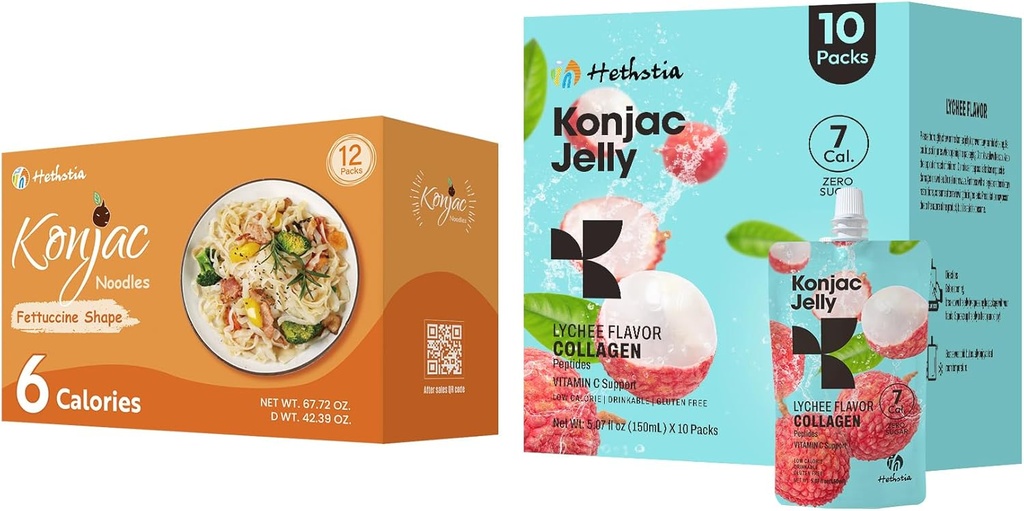 Hethstia Konjac Jelly Lychee smaak met Collageen Peptides 10 Packs en Konjac Fettuccine Gluten Gratis 12 Packs Lage Calorie, Keto, Suikervrij, Gezond Eten