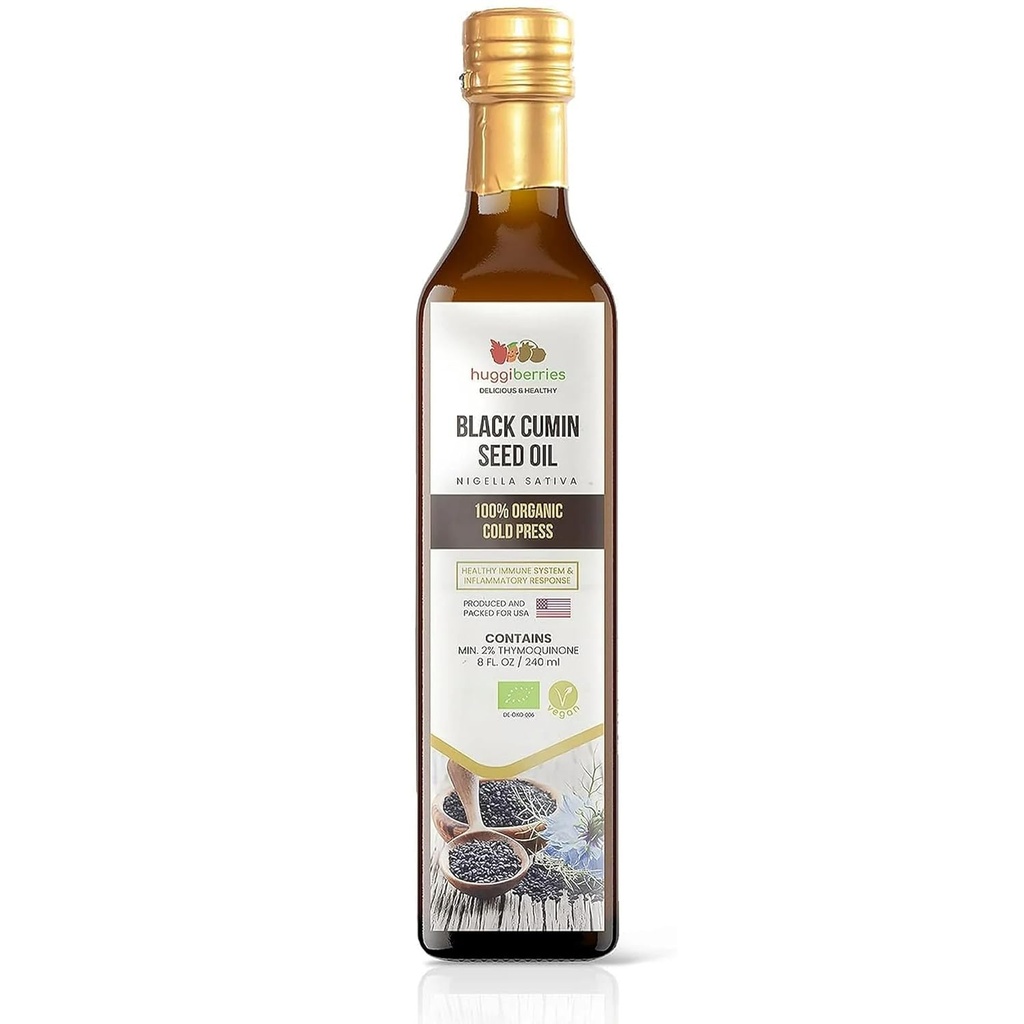 Knuffelbessen Biologische Zwarte Zaadolie Vloeistof - Glasfles- Glutenvrije olie voor salades, dips, dressings, groenten - Koud geperst Turkse komijn, rijk aan Thymochinon Immunity Supplement - 8 fl.oz./250ml