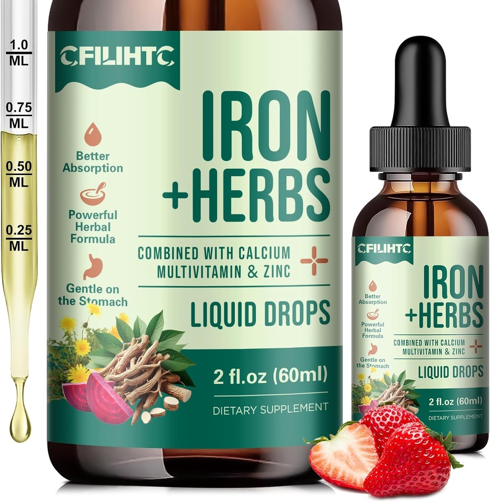 Supplément en fer liquide pour les femmes, les hommes, les gouttes de fer avec mélange d'herbes pour la santé des femmes, Calcium, Zinc et Multivitamine - Soutien Blood Builder, Peau, Énergie, Immune pour le déficit en fer, Anémie, Vegan 2 Fl Oz