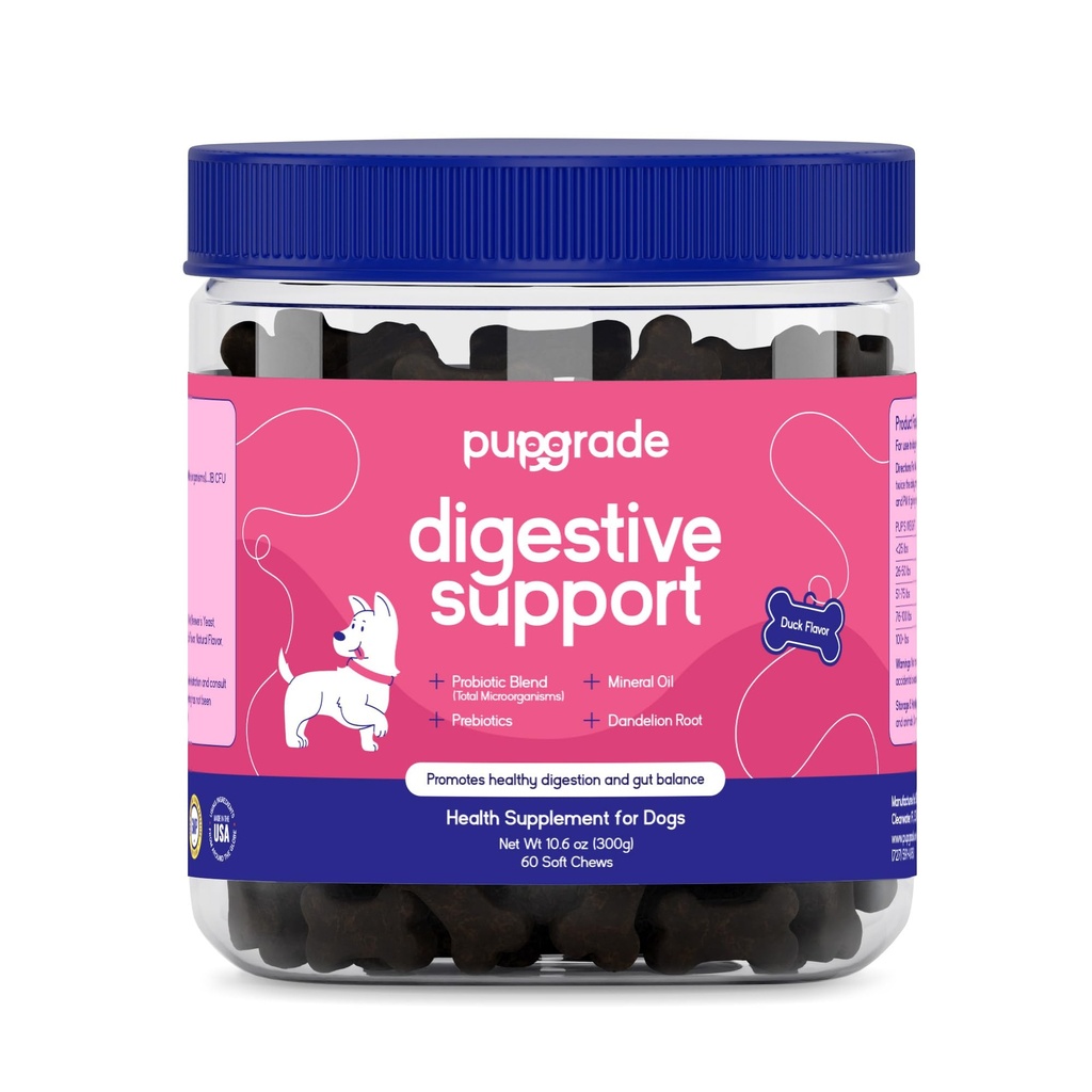 PupGrade Digestieve Ondersteuning Kauwen voor honden - Prebiotische en Probiotische Supplement met Enzyme Blend - Gestoorde Maag, diarree, Bowel, en Immune Ondersteuning - Pompoen, Blueberry, Minerale olie - 60 Zachte Kauwen