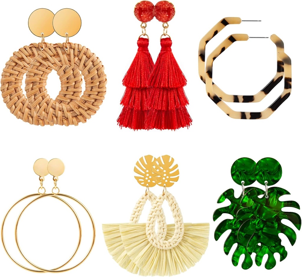 Ponpon 6-18 Pairs Earrings for Women, Lightweight Summer Earrings Straw Earrings Fashion Geometric Statement Hoop Dangle Drop Earrings for Women
