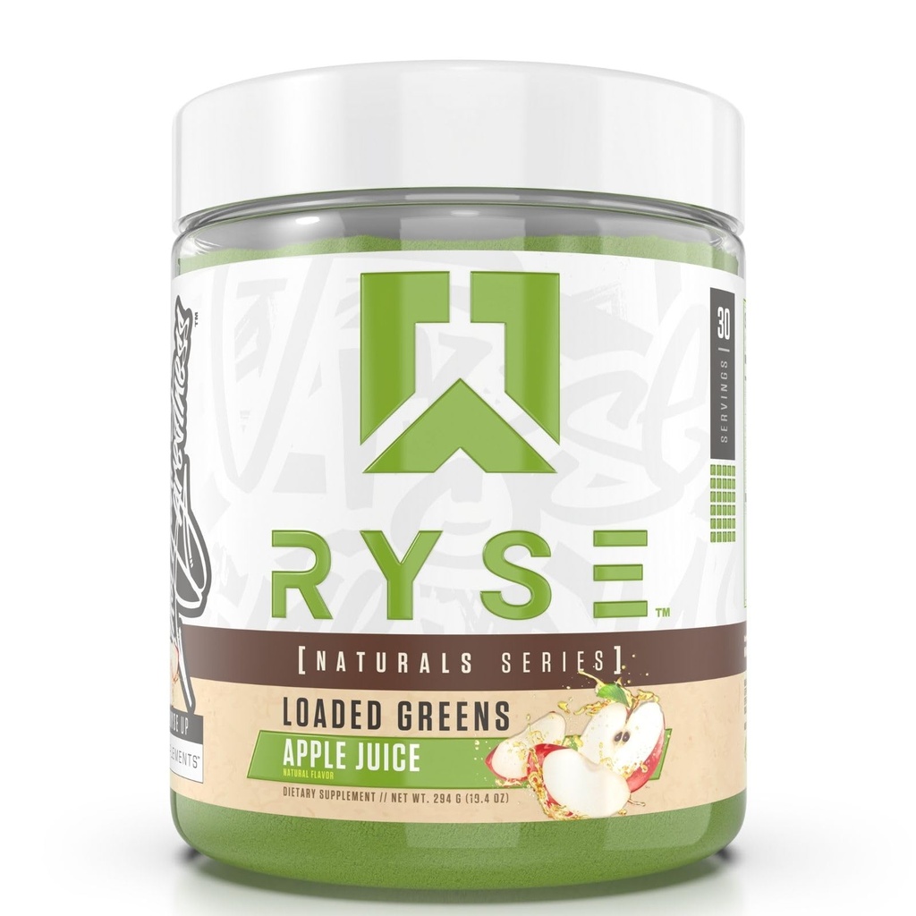 RYSE geladen groen Superfood poeder - Apple Juice - Dagelijkse Supplement met Greens Balance, BettaBerries & Sukre Fiber - Ondersteunt spijsvertering, immuniteit en energie - Geen kunstmatige zoetstoffen - 30 porties