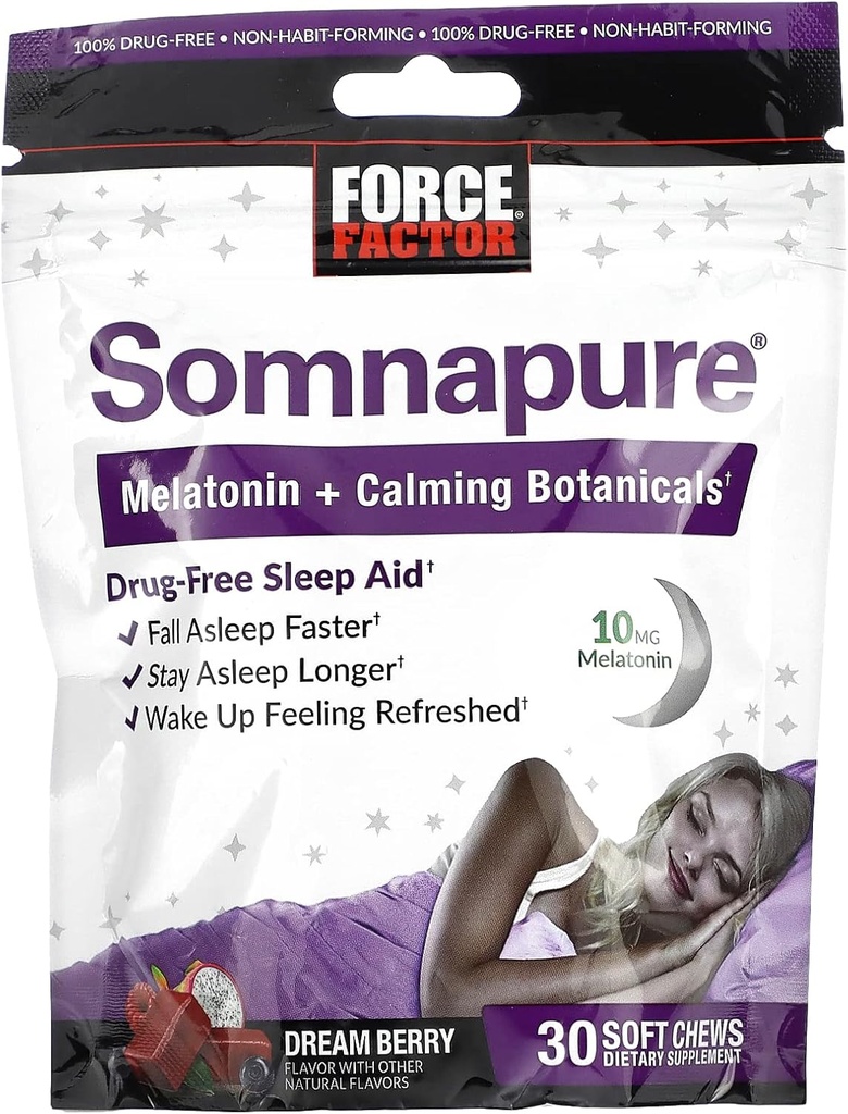 FACTEUR FORCE Somnapure Soft Chews avec 10mg Melatonine, L-Theanine, Camomille, Lemon Baume, Dream Berry Flavor, 30 Soft Chews