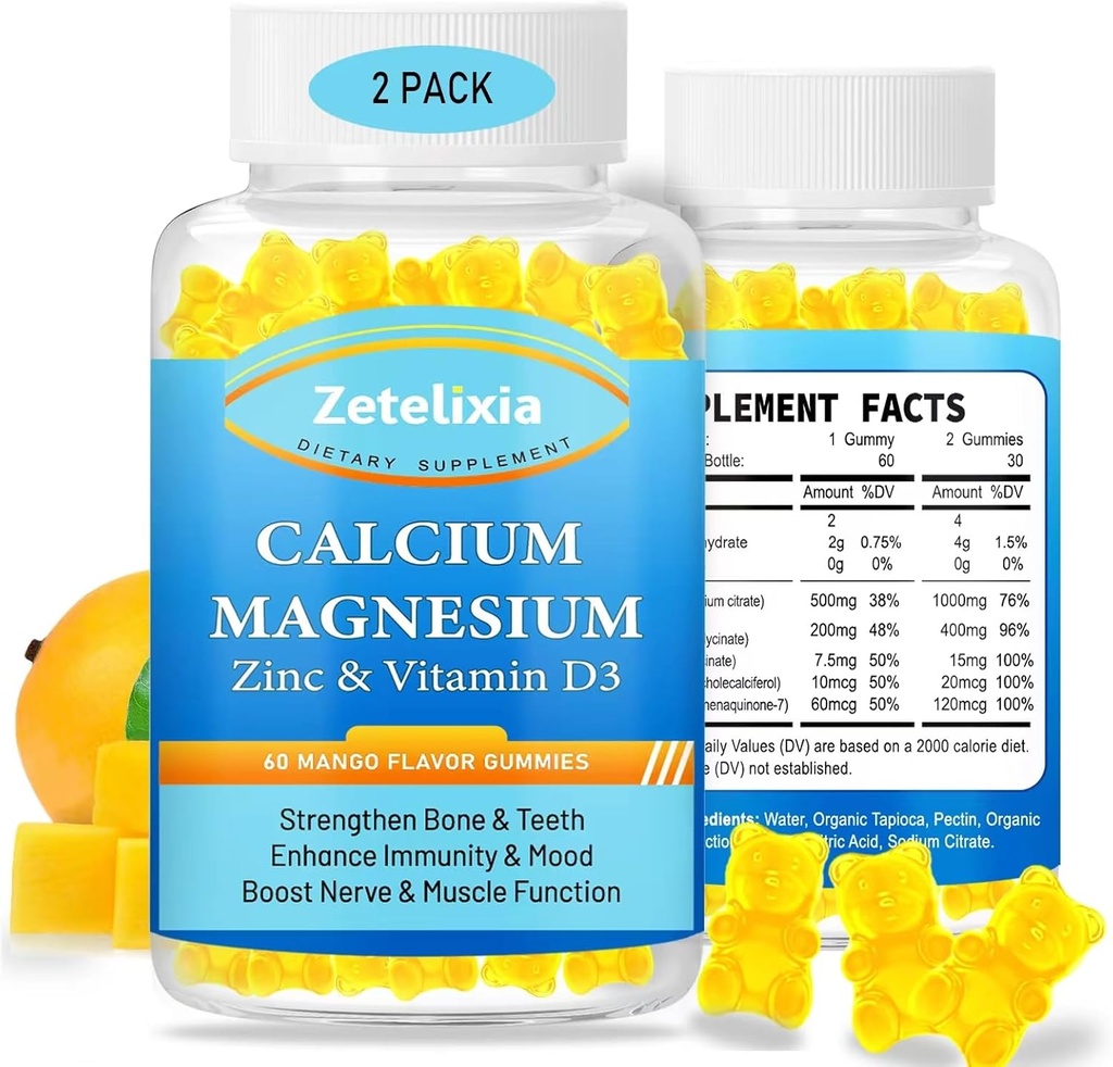Calcium Magnesium Zink Gummies voor Volwassenen & Kids,1000mg Suikervrij Calcium Citrate Supplement, Hoge Absorptie Magnesium Glycinate Gummies met Vitamine D3 & K2 - Bot & Muscle & Immune Health (2 Pack)