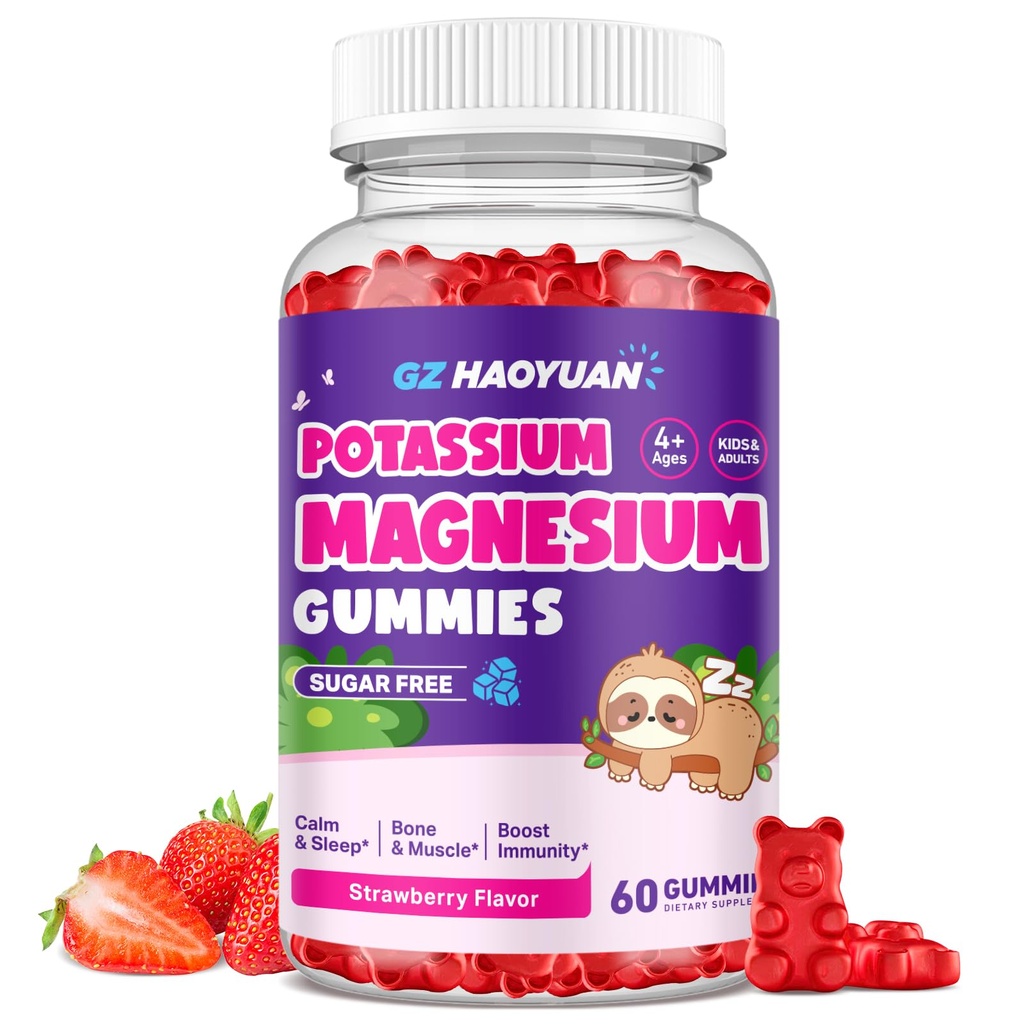 Gommies de magnésium pour les enfants - Glycinates de magnésium avec vitamine D3, B6, Potassium et Ashwagandha, Magnésium pour les enfants et les adultes Relaxation, sommeil, cerveau et santé des os - Fraise de vegan 60ct