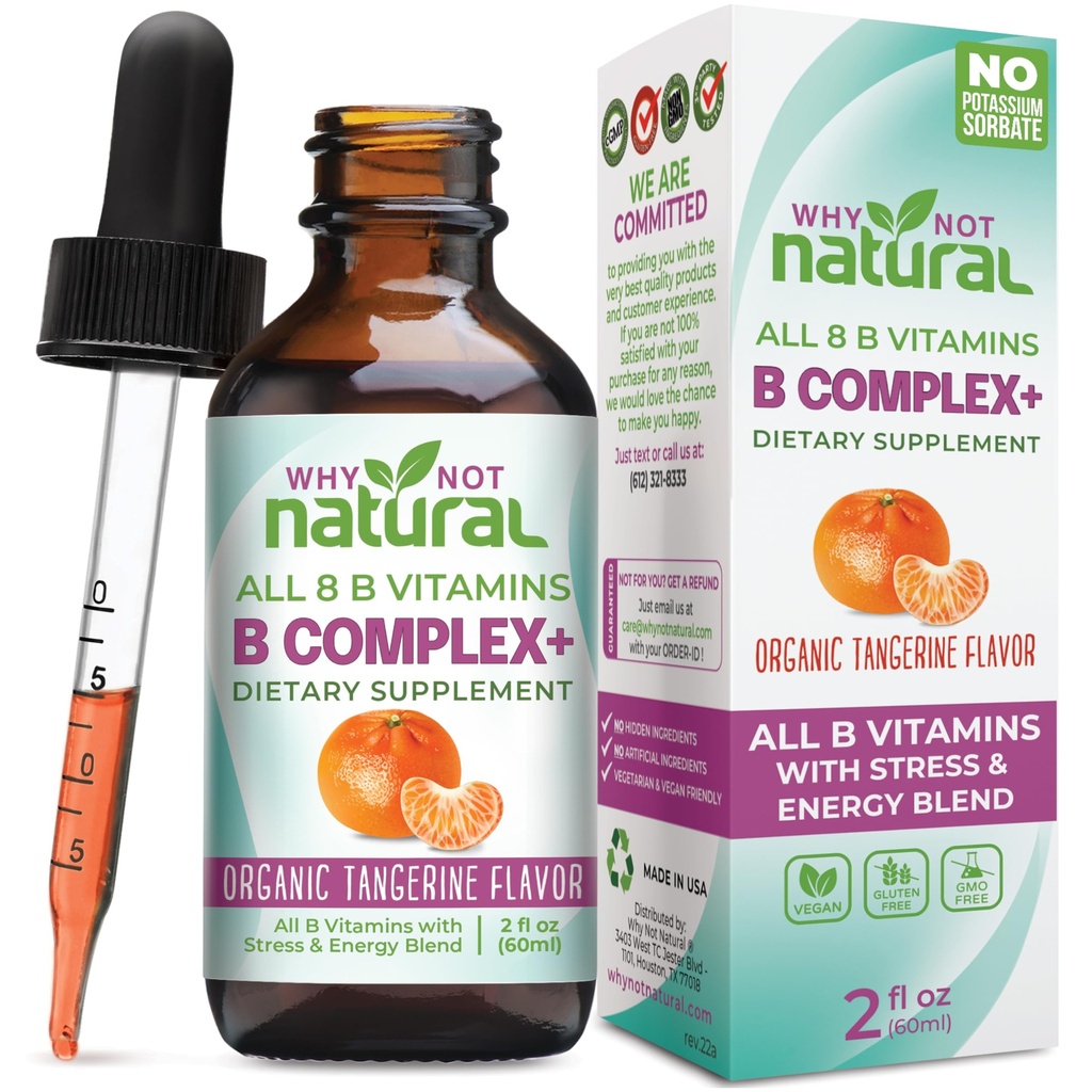 Waarom niet natuurlijke vitamine B Complex Liquid Drops - Supplement voor vrouwen - Veganistische en Sublinguale vormen van B1 B2 B3 B5 B6 Biotin Folate en Choline - Plus Blend voor energie-ondersteuning
